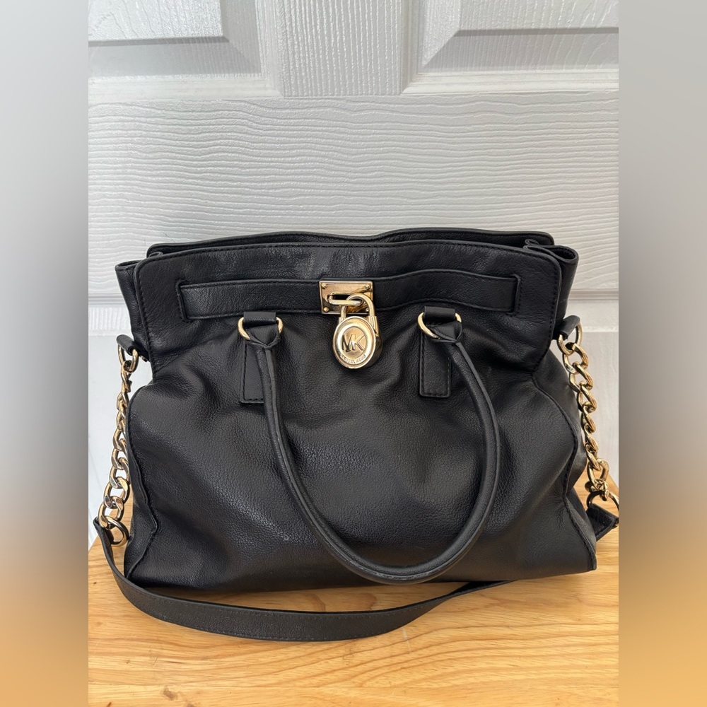 Black Leather Tote Bag with Gold Accents